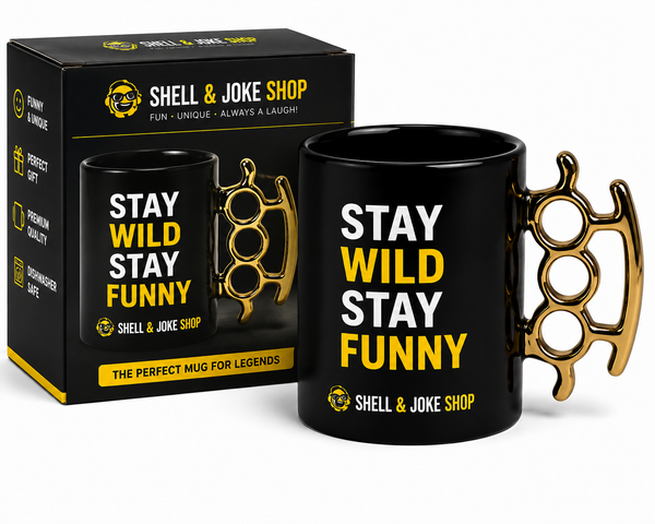SHELL & JOKE SHOP Stay Wild Stay Funny Novelty Mug – Black & Gold